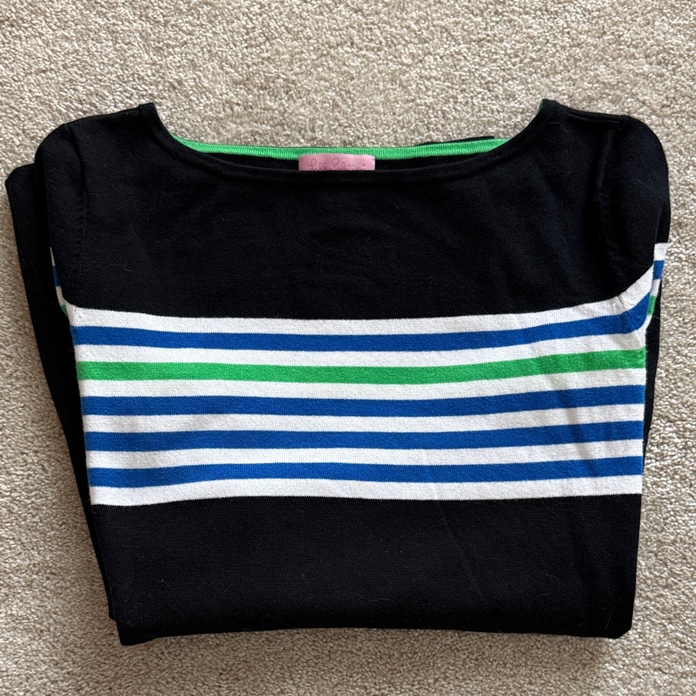 Lilly Pulitzer Black sweater with Blue, white and Green stripes. Boatneck